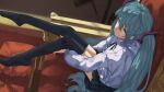  1girl aqua_eyes aqua_hair commentary from_above hair_ornament hands_on_own_legs hatsune_miku highres lab2linch long_hair looking_at_viewer neck_ribbon ottoman ribbon shirt sideways_glance sitting solo thigh-highs throne twintails very_long_hair vocaloid white_shirt zettai_ryouiki 
