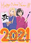  2girls absurdres ayumi_nishihata blonde_hair blue_eyes brown_hair english_text fang glasses gloves hair_ornament heterochromia highres holding japanese_clothes kamikoshi_sorao kimono lipstick makeup multiple_girls nail_polish new_year nishina_toriko paintbrush urasekai_picnic 