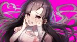  1girl apron bandaged_arm bandages bangs blush brown_eyes brown_hair dangan_ronpa floating_hair hands_on_own_cheeks hands_on_own_face heart heart-shaped_pupils highres long_hair looking_at_viewer mdr_(mdrmdr1003) open_mouth pink_background pink_shirt portrait puffy_short_sleeves puffy_sleeves shirt short_sleeves smile solo super_dangan_ronpa_2 symbol-shaped_pupils symbol_commentary tsumiki_mikan upper_teeth white_apron 