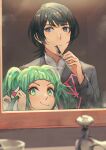  1boy 1girl adjusting_hair alternate_costume anocurry black_jacket blue_eyes blue_hair braid brushing_teeth byleth_(fire_emblem) byleth_eisner_(male) casual closed_mouth commentary english_commentary eyebrows_visible_through_hair fire_emblem fire_emblem:_three_houses green_eyes green_hair hair_between_eyes holding holding_toothbrush indoors jacket long_hair long_sleeves looking_at_viewer mirror mirror_image open_clothes open_jacket reflection ribbon_braid short_hair smile sothis_(fire_emblem) toothbrush twin_braids twitter_username 