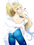  1girl ahoge animal_ears artoria_pendragon_(all) artoria_pendragon_(swimsuit_ruler)_(fate) ass back-seamed_legwear bare_shoulders between_fingers blonde_hair blue_legwear braid breasts bunny_tail closed_mouth cowboy_shot detached_collar eyes_visible_through_hair fake_animal_ears fate/grand_order fate_(series) fishnet_legwear fishnets greyscale hair_between_eyes large_breasts legs_apart leotard long_hair looking_at_viewer monochrome pantyhose playboy_bunny poker_chip ponytail rabbit_ears seamed_legwear simple_background smile solo strapless strapless_leotard tail tiara very_long_hair white_background white_leotard zuwai_kani 