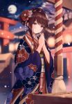  1girl absurdres blurry blurry_background blush brown_eyes brown_hair closed_mouth earrings eyebrows_visible_through_hair fingernails full_moon hair_ornament highres jacket japanese_clothes jewelry kimono looking_at_viewer looking_back moon necomi night night_sky obi original outdoors sash scan sidelocks sky smile solo tied_hair 