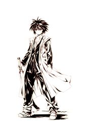  1boy eien_no_aselia eternity_sword_series gakuran highres hitomaru holding holding_sword holding_weapon robe school_uniform shoes spiky_hair sword takamine_yuuto weapon 