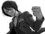  1boy :d bangs blue_eyes buttons clenched_hands collared_shirt commentary_request cravat dress_shirt glasses grey_background greyscale hair_between_eyes idolmaster idolmaster_side-m jacket long_sleeves looking_at_viewer male_focus monochrome open_clothes open_jacket open_mouth sakuraba_kaoru sayshownen shirt short_hair simple_background smile solo spot_color striped striped_shirt twitter_username upper_body vertical-striped_shirt vertical_stripes watermark 