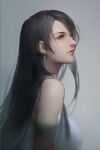  1girl bare_shoulders black_hair breasts earrings final_fantasy final_fantasy_vii jewelry large_breasts lips lipstick long_hair makeup moie red_eyes shirt solo_focus tifa_lockhart white_shirt 