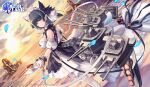  1girl :3 absurdres animal_ears aqua_eyes azur_lane bare_shoulders black_hair breasts cat_ears cheshire_(azur_lane) cup detached_sleeves dress dutch_angle fake_animal_ears frills headdress highres holding large_breasts looking_at_viewer machinery maid_headdress medium_hair multicolored_hair nidy ocean official_art outdoors saucer sidelocks smile solo standing streaked_hair sun sunlight teacup thigh-highs torpedo_launcher turret water watermark white_dress white_legwear zettai_ryouiki 