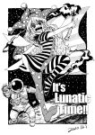  !! 1girl 1other american_flag american_flag_dress american_flag_legwear astronaut black_sky blackcat_(pixiv) clownpiece dated dot_nose english_text greyscale hat jester_cap long_hair looking_at_viewer monochrome moon open_mouth polka_dot polka_dot_headwear sharp_teeth short_sleeves sky smile star_(sky) starry_sky teeth torch touhou very_long_hair 