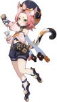  1girl absurdres animal_ears cat_ears cat_tail diona_(genshin_impact) full_body genshin_impact green_eyes hair_ornament hat highres midriff official_art pink_hair short_hair shorts solo tail transparent_background 