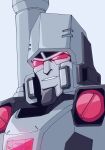  1boy absurdres autobot close-up english_commentary glowing glowing_eyes grey_background highres insignia lextodrawstuff looking_ahead megatron megatron_(idw) no_humans red_eyes smirk solo the_transformers_(idw) transformers 