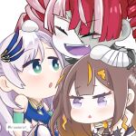  3girls :o anya_melfissa aqua_eyes bandaged_arm bandages bangs blonde_hair blunt_bangs bright_pupils brown_hair chibi closed_eyes double_bun eyebrows_visible_through_hair fangs feathers grey_hair hair_behind_ear hair_feathers hiudarat hololive hololive_indonesia indonesian_commentary kureiji_ollie light_blush looking_up multicolored_hair multiple_girls open_mouth pavolia_reine pink_hair purple_tongue redhead stitches streaked_hair two_side_up violet_eyes virtual_youtuber white_pupils zombie 