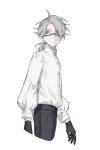  1boy black_gloves blue_eyes gloves grey_hair identity_v kouri_(kyorosuukeeeeeee) male_focus mask mouth_mask ponytail shirt_tucked_in simple_background solo white_background 