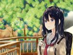  1girl backpack bad_id bad_pixiv_id bag black_hair blue_eyes bridge closed_mouth copyright_name jacket koe_no_katachi konata_(knt_banri) long_hair long_sleeves neckerchief outdoors red_neckerchief school_uniform serafuku smile solo tree ueno_naoka upper_body white_serafuku yellow_jacket 