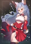  1girl animal_ear_fluff animal_ears bangs bare_shoulders black_gloves black_legwear blue_hair bow breasts brown_eyes commentary_request detached_sleeves dress erune eyebrows_behind_hair ferry_(granblue_fantasy) fur-trimmed_sleeves fur_trim gloves granblue_fantasy hair_bow highres juliet_sleeves long_hair long_sleeves open_mouth panties pleated_dress puffy_sleeves red_dress red_sleeves sleeves_past_wrists small_breasts solo striped striped_bow sweat thigh-highs translation_request underwear uneg very_long_hair wavy_mouth white_panties 