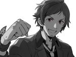  1boy bangs clenched_hand collarbone collared_shirt commentary_request facial_hair grey_background greyscale grin hand_up idolmaster idolmaster_side-m jacket long_sleeves looking_at_viewer loose_neckwear male_focus monochrome necktie red_eyes sayshownen shirt short_hair simple_background smile solo spot_color stubble sweat tendou_teru twitter_username upper_body watermark 