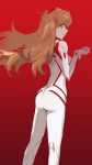  1girl absurdres ass_visible_through_thighs blue_eyes brown_hair evangelion:_3.0+1.0_thrice_upon_a_time facing_away highres interface_headset long_hair looking_at_viewer neon_genesis_evangelion plugsuit rebuild_of_evangelion red_background shikinami_asuka_langley smile solo souryuu_asuka_langley wrist_grab xobox 