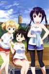  3girls :d absurdres bangs bare_arms bench blonde_hair blue_eyes blue_shorts blue_sky blunt_bangs brown_hair building closed_mouth clouds collarbone day dog_tags feet_out_of_frame gochuumon_wa_usagi_desu_ka? grass green_eyes gym_uniform hand_on_another&#039;s_shoulder hand_on_hip highres holding holding_towel kirima_sharo leggings long_hair looking_at_another looking_at_viewer megami_magazine multiple_girls official_art open_mouth outdoors park_bench purple_hair red_shorts shirt short_hair short_shorts shorts sitting sky smile standing tank_top tedeza_rize towel tree twintails ujimatsu_chiya violet_eyes white_shirt window 