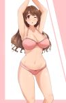  1girl ;o armpits arms_up bra breasts brown_eyes brown_hair collarbone eyebrows_visible_through_hair highres idolmaster idolmaster_cinderella_girls large_breasts long_hair looking_at_viewer navel one_eye_closed panties pink_bra pink_panties revision shimamura_uzuki solo standing twogie underwear underwear_only 