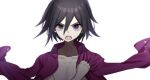  :d bangs black_hair commentary_request dangan_ronpa hand_up jacket jacket_on_shoulders looking_at_viewer male_focus mdr_(mdrmdr1003) new_dangan_ronpa_v3 no_shirt open_clothes open_mouth ouma_kokichi pink_jacket portrait purple_hair serious short_hair simple_background smile solo upper_teeth v-shaped_eyebrows violet_eyes white_background 