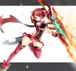  1girl absurdres breasts fire highres hiroki_shin large_breasts pyra_(xenoblade) red_eyes redhead short_hair skindentation solo sword thigh-highs weapon white_background xenoblade_chronicles_(series) xenoblade_chronicles_2 