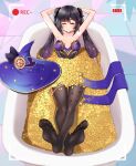  1girl ^_^ absurdres arms_up bathroom bathtub black_legwear blue_headwear blue_leotard bluewhite_pants blush bow breasts choker closed_eyes coin feet full_body genshin_impact hair_bow hair_ornament happy hat highres legs leotard looking_at_viewer lying mona_(genshin_impact) on_back purple_hair recording smile soles solo star_(symbol) star_hair_ornament toes twintails witch_hat 