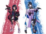  2girls adapted_costume bangs black_hair black_jacket blue_eyes blunt_bangs breasts capelet commission english_commentary eyebrows_visible_through_hair frown gun hand_in_pocket highres holding holding_gun holding_weapon jacket junketsu kill_la_kill kiryuuin_satsuki long_hair looking_ahead looking_at_viewer matoi_ryuuko multicolored_hair multiple_girls off-shoulder_jacket parted_lips peyton_gee puma_(brand) redhead rifle senketsu shoes short_hair small_breasts sneakers sniper_rifle streaked_hair submachine_gun weapon white_capelet 
