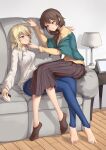  2girls absurdres barefoot black_hair blonde_hair blue_eyes blue_pants book brown_eyes couch couple eye_contact face-to-face feet highres imminent_kiss long_hair long_pants long_skirt looking_at_another miso_(b7669726) multiple_girls original pants ponytail skirt socks yuri 