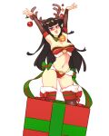  1girl :d \o/ antlers armpits arms_up bangs black_hair black_legwear blunt_bangs blush bouncing_breasts box breasts christmas_ornaments commentary detached_sleeves english_commentary fire_emblem fur-trimmed_legwear fur_trim gift gift_box in_box in_container large_breasts long_hair looking_at_viewer navel neck_bell open_mouth outstretched_arms rtil simple_background smile solo stomach tharja_(fire_emblem) thigh-highs very_long_hair white_background 