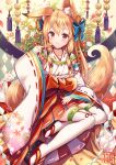  1girl animal_ear_fluff animal_ears bangs blonde_hair blush brown_eyes commentary_request dango detached_sleeves eyebrows_visible_through_hair food fox fox_ears fox_girl fox_tail hair_between_eyes hair_ornament highres japanese_clothes kimono kimono_skirt looking_at_viewer miko obi original sakura_ani sash sidelocks sitting smile tabi tail thigh-highs wagashi white_kimono white_legwear wide_sleeves yokozuwari zettai_ryouiki 