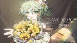  1boy :3 blush bouquet commentary_request dazeroyuu eyebrows_visible_through_hair flower gift_art green_eyes green_hair hair_between_eyes hair_ornament holding holding_bouquet holostars jacket kagami_kira male_focus open_mouth solo thank_you virtual_youtuber 