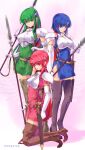  3girls armor bangs black_footwear blue_dress blue_eyes blue_hair boots breastplate brown_footwear catria_(fire_emblem) closed_mouth covered_navel dress elbow_gloves est_(fire_emblem) eyebrows_visible_through_hair eyes_visible_through_hair fire_emblem fire_emblem:_mystery_of_the_emblem full_body gloves green_dress green_eyes green_hair hair_between_eyes hand_up headband highres holding holding_spear holding_weapon kirishima_satoshi kneeling long_hair looking_at_viewer multiple_girls open_mouth palla_(fire_emblem) pegasus_knight pink_dress pink_eyes pink_hair polearm sheath sheathed short_dress short_hair short_sleeves shoulder_armor siblings side_slit sisters sleeveless sleeveless_dress smile spear standing straight_hair sword thigh-highs thigh_boots twitter_username very_long_hair weapon white_gloves zettai_ryouiki 