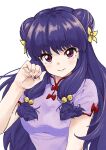  1girl absurdres anno_masato bangs bell blush bow breasts chinese_clothes double_bun eyebrows_visible_through_hair hair_bell hair_bow hair_ornament highres long_hair looking_at_viewer parted_lips pink_nails purple_hair ranma_1/2 red_eyes shampoo_(ranma_1/2) small_breasts smile solo white_background yellow_bow 