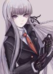  1girl adjusting_clothes adjusting_gloves akitsu_(davis0527dx) bangs black_gloves black_jacket black_ribbon blunt_bangs braid breasts closed_mouth commentary_request dangan_ronpa dangan_ronpa_1 formal gloves hair_ornament hair_ribbon jacket kirigiri_kyouko leather leather_gloves long_hair long_sleeves looking_at_viewer necktie purple_hair ribbon shirt side_braid simple_background single_braid skirt solo upper_body violet_eyes white_shirt 