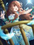  1girl :d absurdres blue_dress blurry breasts brown_hair cowboy_shot depth_of_field dress dutch_angle eyebrows_visible_through_hair feathers floral_print glint highres holding holding_microphone huge_filesize idolmaster idolmaster_cinderella_girls kamiya_nao light_rays long_hair looking_at_viewer medium_breasts microphone open_mouth outstretched_arm railing red_eyes shino_sto smile solo sparkle standing thick_eyebrows very_long_hair wrist_cuffs 
