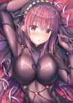  1girl arm_up bangs blush bodysuit breasts commentary_request eyebrows_visible_through_hair fate/grand_order fate_(series) hair_between_eyes hand_up head_tilt highres large_breasts lying on_back parted_lips photoshop_(medium) purple_bodysuit red_eyes redhead revision scathach_(fate)_(all) scathach_(fate/grand_order) shirakawako solo star_(symbol) upper_body veil 