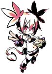  1girl belt black_footwear black_gloves black_skirt boots bowl chopsticks collar demon_girl demon_tail disgaea earrings eating egg_(food) etna flat_chest food full_body gloves hair_between_eyes harada_takehito highres holding holding_bowl holding_chopsticks jewelry looking_at_viewer miniskirt navel noodles pointy_ears red_eyes redhead short_twintails simple_background sketch skirt skull_earrings solo strapless symbol-only_commentary tail tube_top twintails udon white_background 