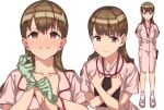  1girl bangs blush breasts brown_eyes brown_hair clipboard closed_mouth collarbone dress erere gloves green_gloves holding holding_clipboard id_card long_hair looking_at_viewer nurse original pink_dress rubber_gloves short_sleeves simple_background standing white_background 