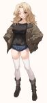  1girl blonde_hair blue_eyes blue_shorts blurry blush breasts commentary cowboy_shot denim denim_shorts full_body girls_und_panzer grin hair_intakes hands_in_pockets highres jacket kay_(girls_und_panzer) large_breasts long_hair long_sleeves looking_at_viewer military military_uniform mx2j_(nsh6394) one_eye_closed open_clothes open_jacket saunders_military_uniform short_shorts shorts smile solo standing thigh-highs uniform white_background white_legwear 
