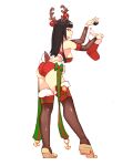  1girl antlers ass bangs bare_shoulders black_hair black_legwear blunt_bangs breasts christmas_ornaments christmas_stocking coal commentary deer_tail detached_sleeves english_commentary fire_emblem from_side full_body fur-trimmed_legwear fur_trim long_hair looking_at_viewer medium_breasts rtil simple_background smile solo tail tharja_(fire_emblem) thigh-highs tiptoes white_background 