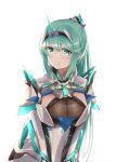  1girl bangs breasts chest_jewel green_eyes green_hair highres jewelry large_breasts long_hair long_ponytail looking_at_viewer pneuma_(xenoblade) ponytail sarasadou_dan simple_background smile solo spoilers swept_bangs tiara upper_body very_long_hair white_background xenoblade_chronicles_(series) xenoblade_chronicles_2 