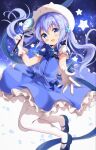  1girl :d amedamacon bangs blue_bow blue_eyes blue_flower blue_footwear blue_hair blue_skirt blue_vest blush bow brooch character_hat commentary_request eyebrows_visible_through_hair flower frilled_gloves frilled_skirt frills gloves gochuumon_wa_usagi_desu_ka? hair_between_eyes hair_flower hair_ornament head_tilt highres holding holding_spoon jewelry kafuu_chino long_hair looking_at_viewer magical_girl open_mouth outstretched_arm pantyhose puffy_short_sleeves puffy_sleeves shirt shoes short_sleeves skirt smile solo spoon starry_background tippy_(gochiusa) twintails very_long_hair vest white_gloves white_headwear white_legwear white_shirt 