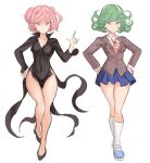  2girls black_dress black_footwear blue_footwear blue_skirt brown_coat coat cosplay costume_switch covered_navel doki_doki_literature_club dress green_eyes green_hair hand_on_hip hand_up highres index_finger_raised looking_at_viewer multiple_girls natsuki_(doki_doki_literature_club) natsuki_(doki_doki_literature_club)_(cosplay) one-punch_man pink_eyes pink_hair rakeem_garcia-cueto red_neckwear red_ribbon ribbon shirt shoes short_hair simple_background skirt socks standing tatsumaki tatsumaki_(cosplay) white_background white_legwear white_shirt 