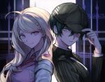  1boy 1girl ahoge akamatsu_kaede back-to-back backpack bag baseball_cap black_hair blonde_hair blurry blurry_background breasts brown_eyes brown_headwear brown_jacket closed_mouth collared_shirt commentary_request dangan_ronpa hair_between_eyes hair_ornament hand_on_headwear hand_up hat highres jacket large_breasts long_hair long_sleeves looking_at_another looking_back musical_note musical_note_hair_ornament muuyiie necktie new_dangan_ronpa_v3 pink_eyes pink_sweater_vest portrait purple_sweater saihara_shuuichi shirt short_hair smile striped_jacket sweater sweater_vest tearing_up upper_body violet_eyes 