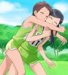  2girls ^_^ black_hair blue_sky brown_hair closed_eyes closed_mouth clouds day forest green_shorts haruyama_kazunori healin&#039;_good_precure long_hair multiple_girls nature outdoors precure ryouko_(healin&#039;_good_precure) sawaizumi_chiyu short_hair shorts sky sleeveless smile sportswear 