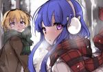  2girls :o bangs black_hairband blonde_hair blue_hair blurry blurry_background blush breath brown_coat brown_scarf coat earmuffs eyebrows_visible_through_hair furude_rika green_scarf hairband higurashi_no_naku_koro_ni hiiragi_fuyuki houjou_satoko long_hair long_sleeves looking_at_viewer looking_back multiple_girls open_mouth outdoors plaid plaid_scarf red_scarf scarf short_hair signature snow snowing tree upper_body violet_eyes white_coat winter winter_clothes 