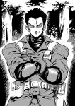  1boy closed_mouth gloves greyscale highres looking_at_viewer military military_uniform monochrome smile solo spriggan_(manga) tukiwani uniform 