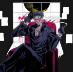  1boy alternate_costume beads blood blood_splatter blue_hair bodypaint chair charatei cigarette claws crescent_moon crossed_legs cu_chulainn_(fate)_(all) cu_chulainn_alter_(fate/grand_order) dark_blue_hair dark_persona earrings facepaint fate/grand_order fate_(series) gloves grin gun hair_beads hair_ornament holding holding_gun holding_weapon jewelry long_hair looking_at_viewer male_focus monster_boy moon necklace open_clothes open_shirt outrage_(fate/grand_order) pants ponytail red_eyes revolver sitting smile smoke smoking solo spiky_hair type-moon weapon 