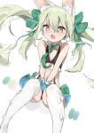  1girl :o animal_ear_fluff animal_ears art556_(girls_frontline) bare_arms bare_shoulders black_panties bow brown_eyes choker collared_shirt crop_top fang flat_chest floating_hair girls_frontline green_choker green_hair green_skirt hair_bow highres long_hair looking_at_viewer microskirt midriff navel open_mouth panties panty_peek revealing_clothes ribbon_choker sabashi shirt simple_background skirt sleeveless sleeveless_shirt solo stomach suspenders thigh-highs twintails underwear v_arms white_background white_legwear white_shirt 