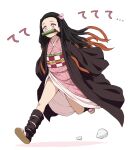  1girl asa_no_ha_(pattern) asanaya bamboo bit_gag black_hair black_haori black_legwear brown_footwear checkered_obi commentary forehead full_body gag gradient_hair hair_ribbon hairband haori highres japanese_clothes kamado_nezuko kimetsu_no_yaiba kimono leg_wrap long_sleeves looking_to_the_side mouth_hold multicolored_hair pink_eyes pink_kimono pink_ribbon red_hairband ribbon running sandals shadow solo tabi translated white_background white_legwear wide_sleeves 