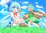 2girls :o ^_^ ahoge antennae barefoot bloomers blue_dress blue_eyes blue_hair blush bobby_socks brown_footwear butterfly_wings chestnut_mouth cirno closed_eyes clouds cloudy_sky commentary_request day dress eternity_larva fisheye flower grass green_dress hair_between_eyes happy holding holding_flower ice ice_wings knees_up koruti leaf leaf_on_head looking_at_viewer multiple_girls on_ground open_mouth running short_hair sitting sky smile socks touhou underwear white_legwear wings 