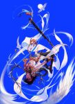  1boy absurdres artist_request bird black_hair black_pants blue_background braid dungeon_and_fighter feathers floating flying headband highres long_hair looking_at_viewer male_mage_(dungeon_and_fighter) official_art pants pointy_ears solo staff sun swift_master_(dungeon_and_fighter) upside-down 
